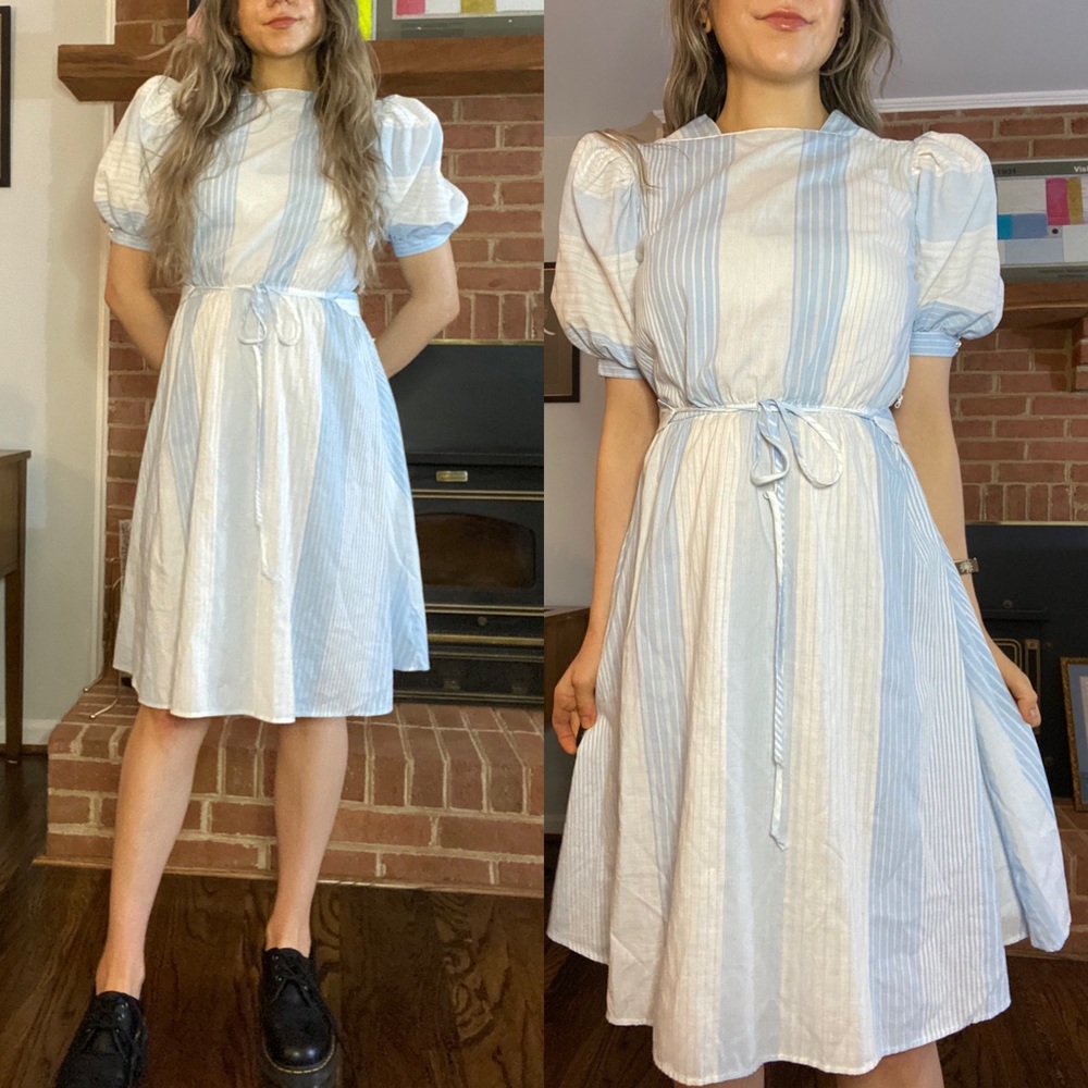 Vintage 80s Bee Darlin Puff Sleeve High Neck A-Line Striped Cottagecore … - Picture 1 of 13